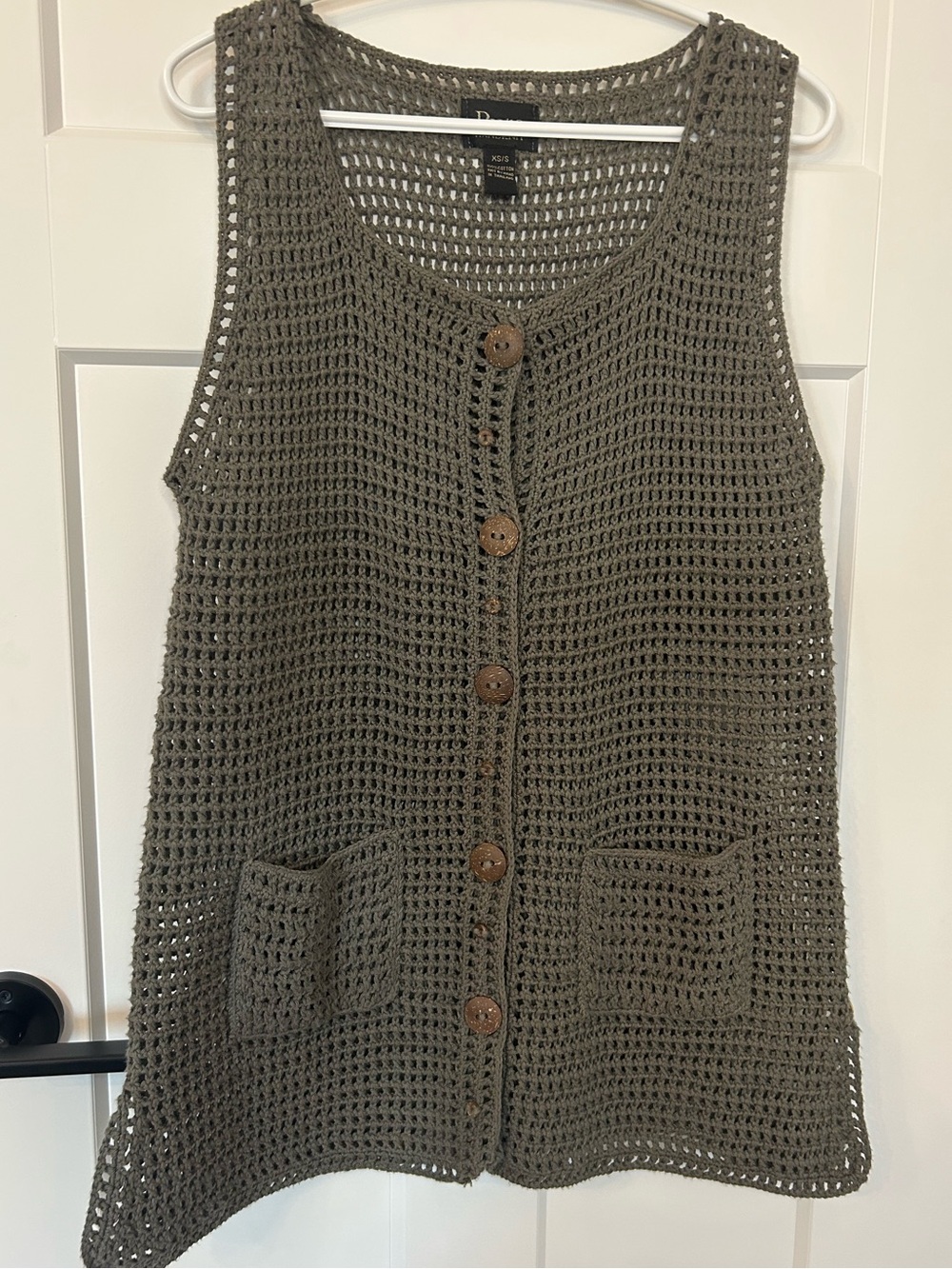 Pure Handknit Olive Crochet Vest XS/S Cotton Button Front Pockets